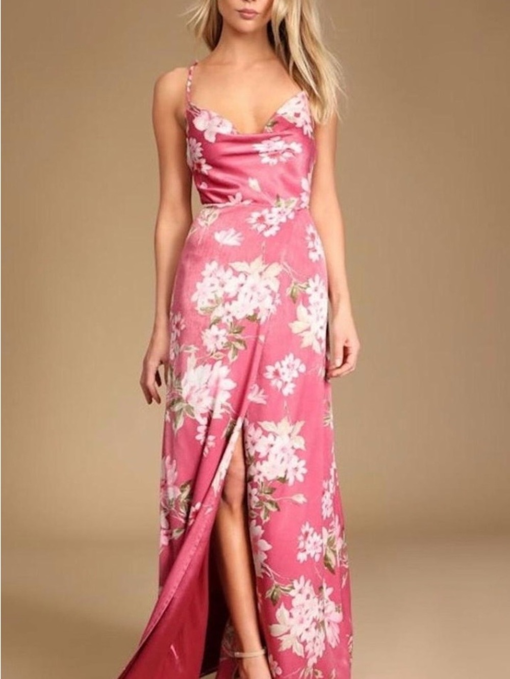 Lulu's Pink Floral Cowl Neck Slip Maxi Dress